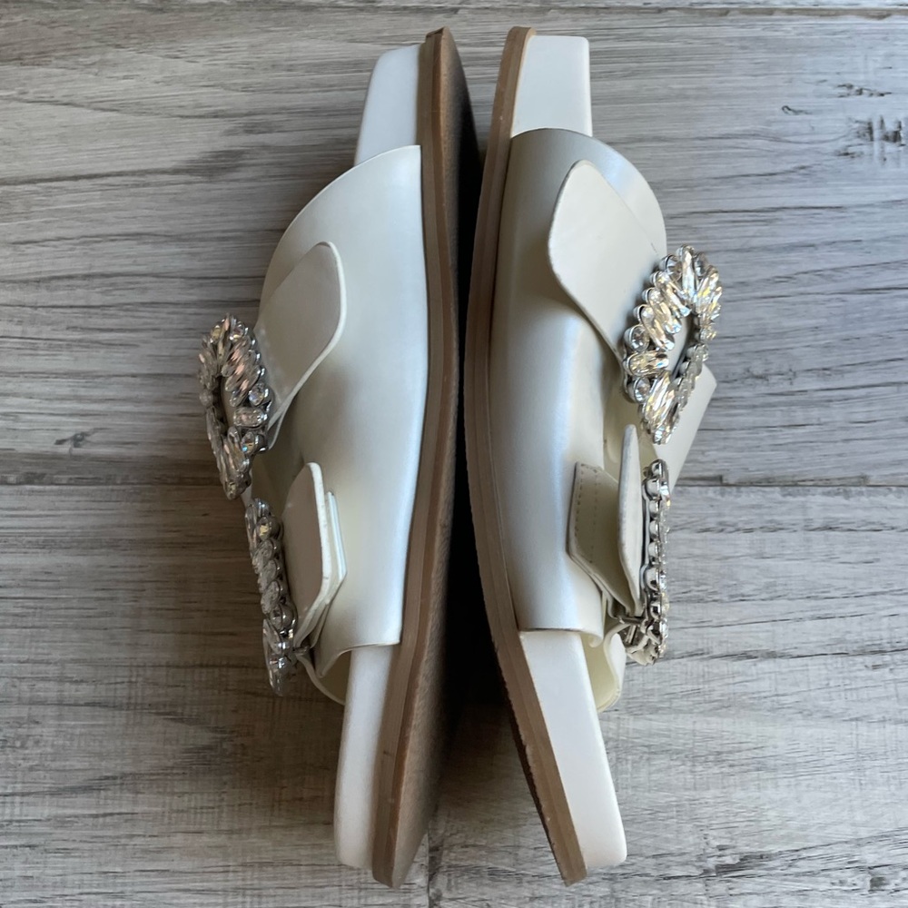 ShuShop Bridget Slide Sandals Cream/Rhinestone Buckle Bridal Feminine Fun SZ 7.5 - Picture 5 of 12